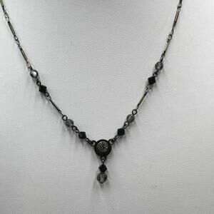 Liz Palacios SF Signed Vintage Black Gray Crystal Y‎ Drop Antique Gold Necklace